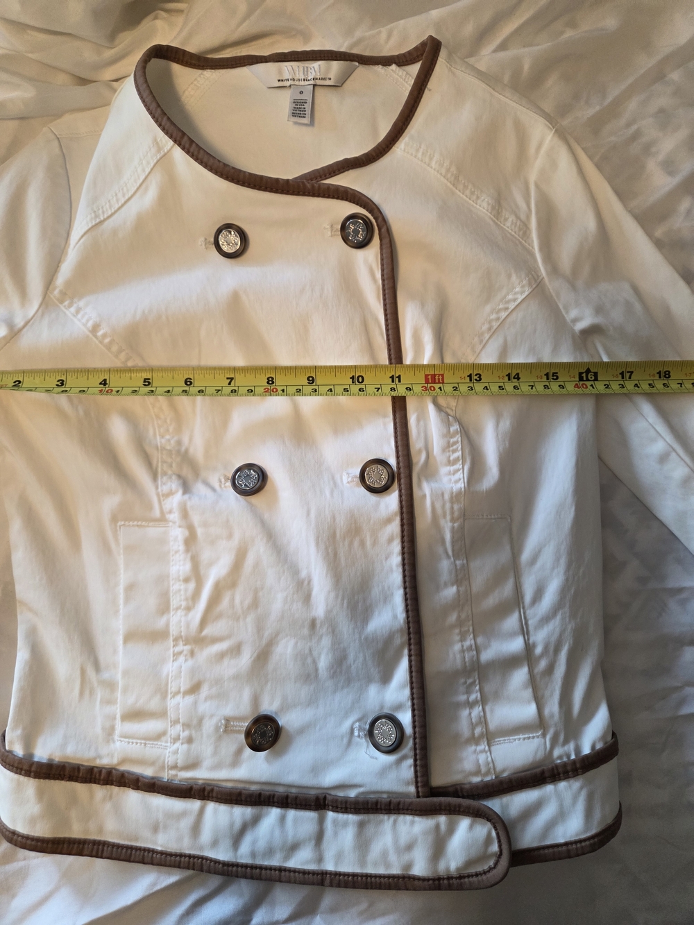 WHBM White and Brown Camel Trim Women's Double Breasted Coat Jacket - Picture 7 of 7